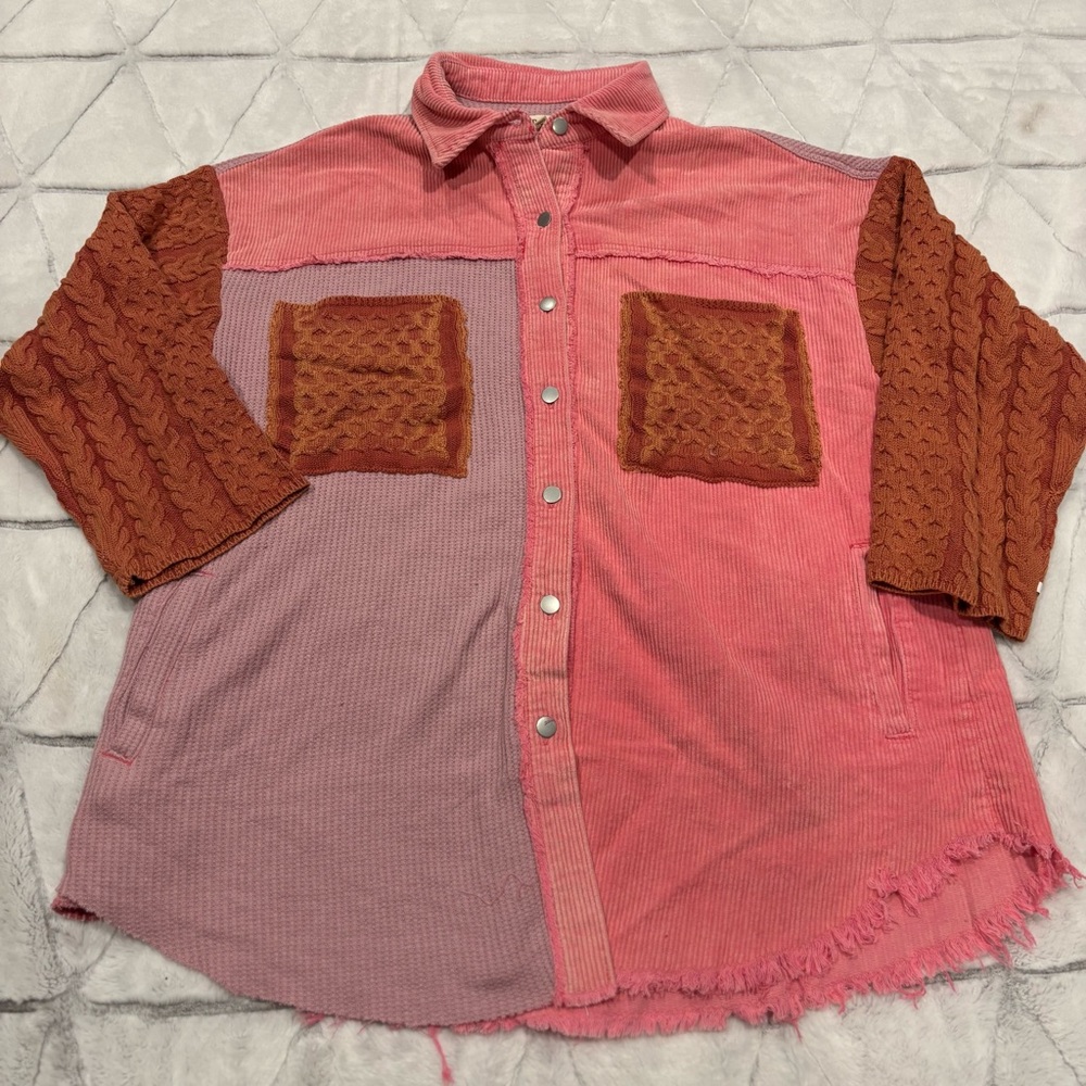 Pol Hipster Skater Knit Women’s Sz M Colorful Pink Button Down Cotton Crochet